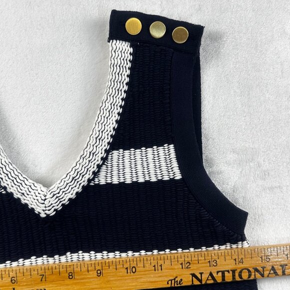 Club Monaco Navy & White Striped Knit Tank Top Fringe Sz XS Gold Buttons Trendy - Picture 7 of 14